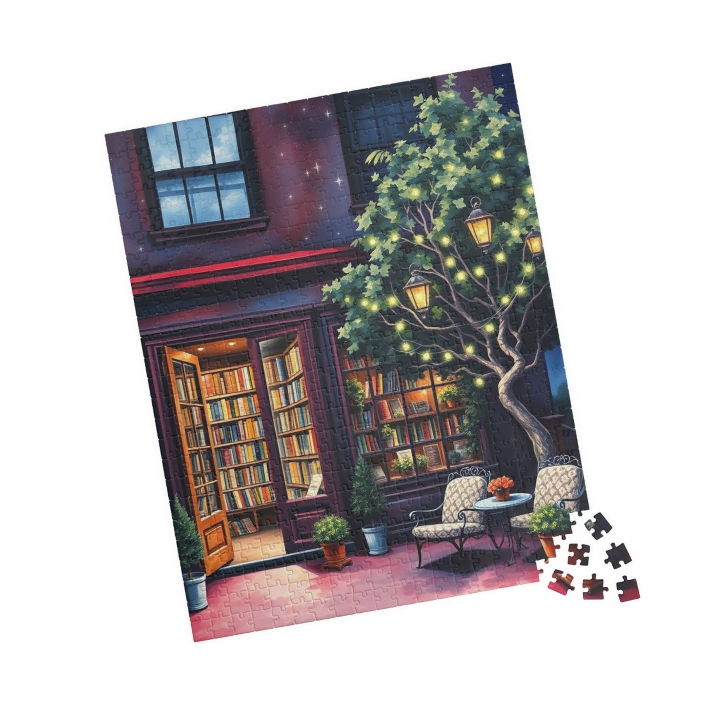 Fairy Light Bookstore Jigsaw Puzzle with Outdoor Reading Nook Perfect for Book Lovers 520 pcs (Vertical) Puzzle The Puzzle Chest