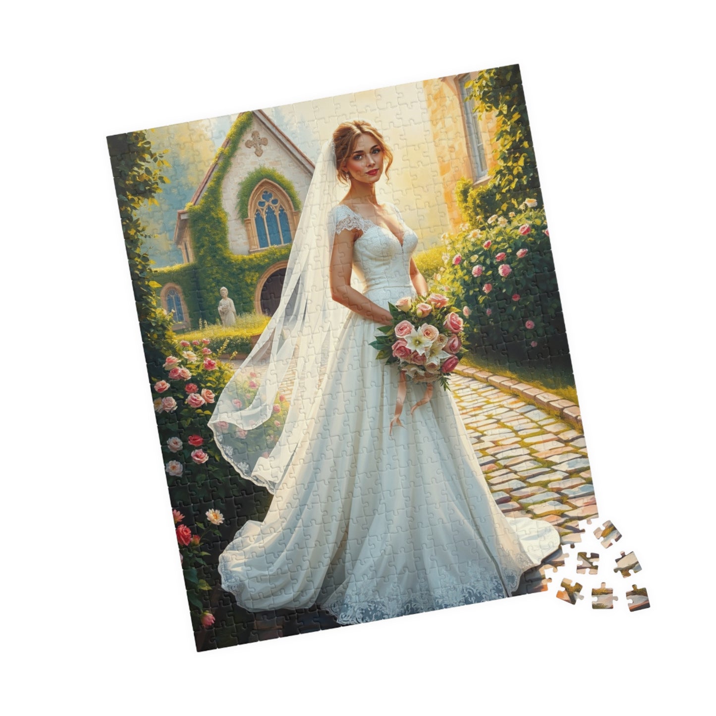 Elegant Italian Bride Jigsaw Puzzle, White Gown Rose and Lily Bouquet, Tuscan Chapel Romantic Wedding, Unique Puzzle Enthusiast Gift Hobby Puzzle The Puzzle Chest