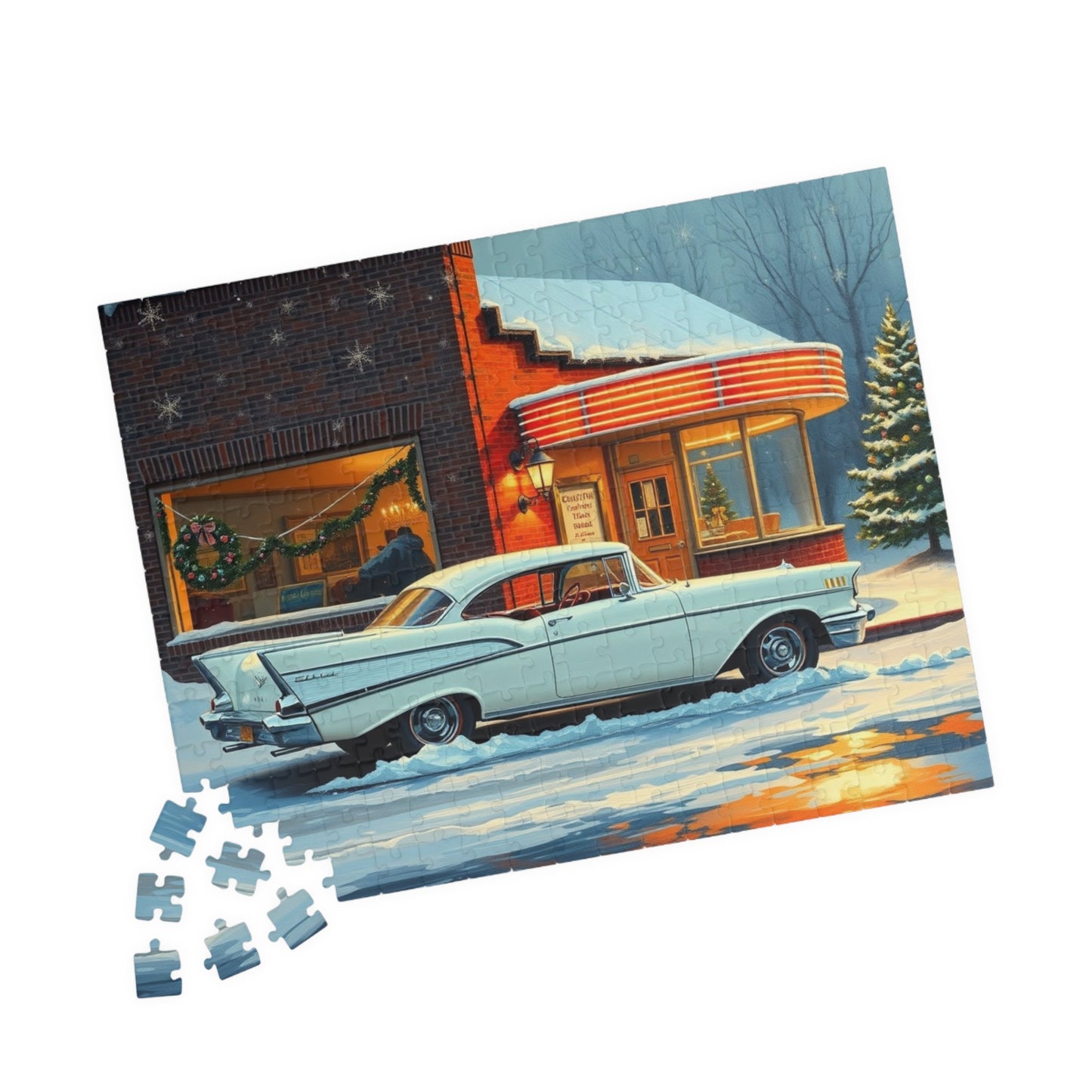 Vintage Car Puzzle - Winter Scene, Nostalgic Classic 1957 Bel Air Jigsaw Game Puzzle The Puzzle Chest