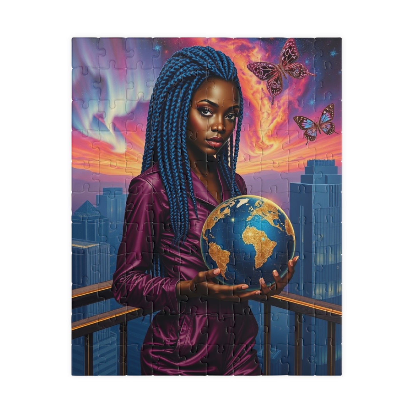 Futuristic Afrocentric Jigsaw Puzzle, Black Woman Holding Globe, Unique Motivational Puzzle Lover Gift, Family Activity, Mindfulness Fun 110 pcs (Vertical) Puzzle The Puzzle Chest