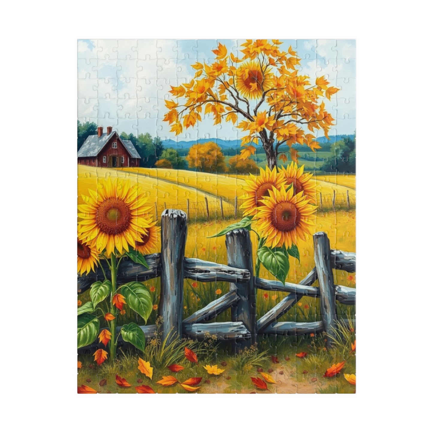 Jigsaw Puzzle, Sunflower Field Landscape Puzzle, Autumn Leaves, Wooden Fence, 110-1014 Pieces, Relaxing Activity, Home Decor, Gift for 252 pcs (Vertical) Puzzle The Puzzle Chest