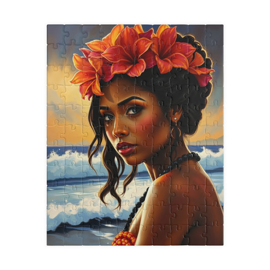 Close-Up Portrait Puzzle of Polynesian Woman, Beach Background Floral Crown Ocean Waves, Cultural Art Family Jigsaw Game, Puzzle Lover Gift 110 pcs (Vertical) Puzzle The Puzzle Chest
