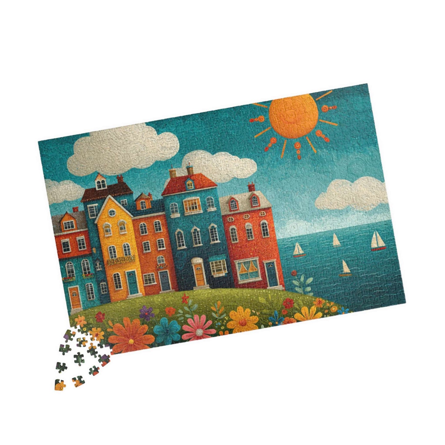 Seaside Village Jigsaw Puzzle - Coastal Ocean Scene, Colorful Beach Town with Bright Flowers, Sailboats, and Sun 1014 pcs (Horizontal) Puzzle The Puzzle Chest