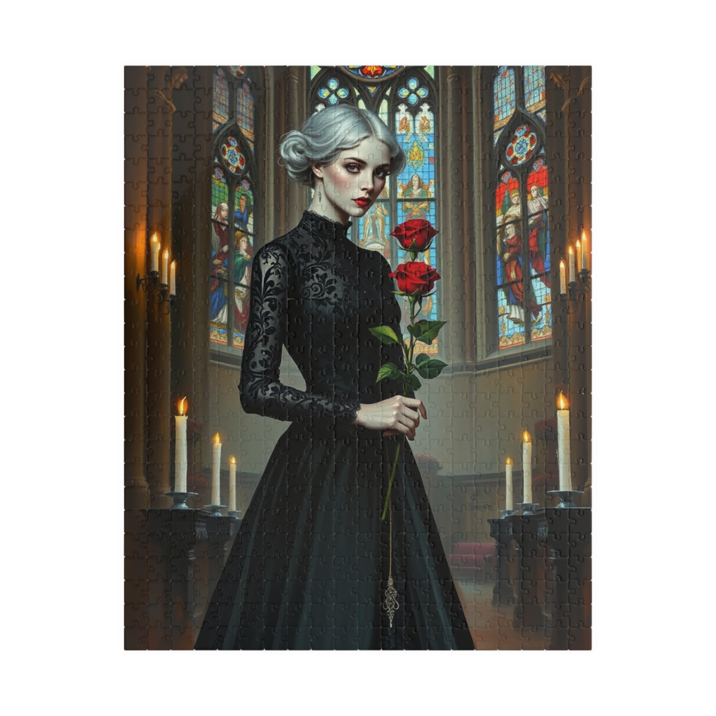 Puzzle, Gothic Art Woman's Portrait in Stained Glass Cathedral, Adult Dark Fantasy Jigsaw Game, Relaxing Activity, MIndfulness 520 pcs (Vertical) Puzzle The Puzzle Chest
