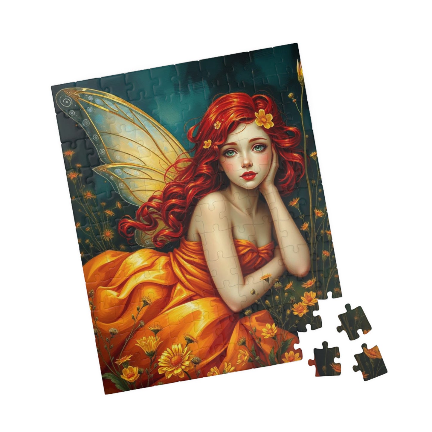 Fairy Dreamscape Jigsaw Puzzle - Red Haired Fairy in Night Wildflower Field 110-1014 Piece Mindful Gift for Family, Friend, Hospital Patient