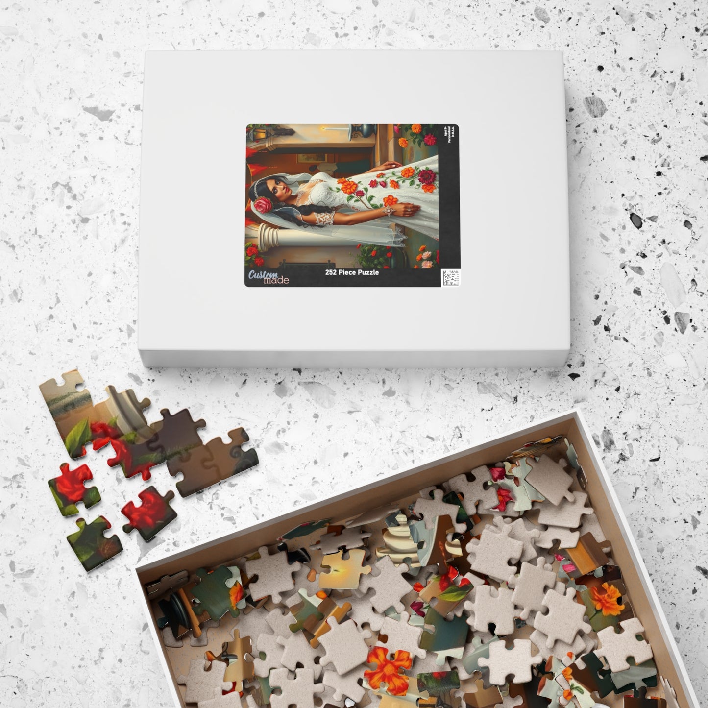 Puzzle - Mexican Bride in Lace Gown, Otomi Flowers Hacienda Candles, 110-1014 Piece Jigsaw, Wedding Dress Design, Cultural Artwork Folklore Puzzle The Puzzle Chest