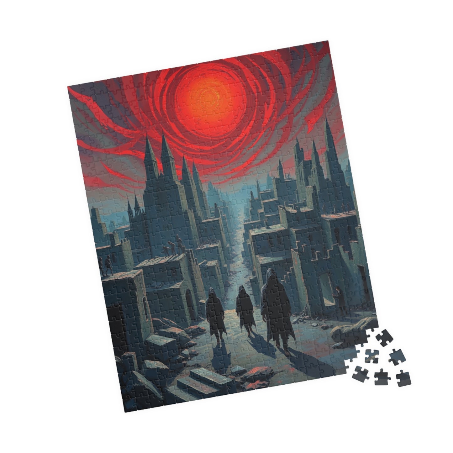 Gothic Puzzle - Desolate City Blood-Red Sky, 110-1014 Piece Jigsaw Game, Skeleton Figures, Hooded Wanderers, Spooky Dark Art, Giftable Puzzle The Puzzle Chest