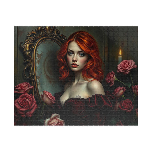Crimson Reverie Jigsaw Puzzle - Woman Vintage Portrait, Enchanting Artwork Gothic Puzzle Dark Fantasy Gift for Art Lovers and Enthusiasts 520 pcs (Horizontal) Puzzle The Puzzle Chest
