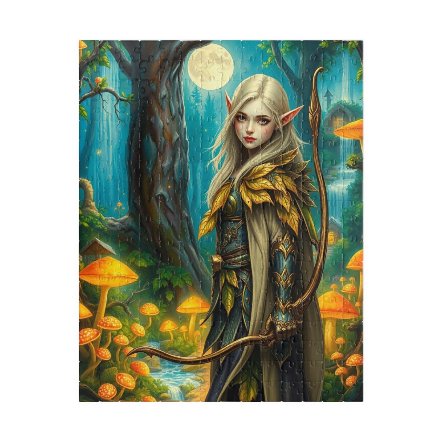 Elf Warrior Enchanted Forest Puzzle, Mystical Scene Glowing Mushrooms Moonlit Waterfalls, Fantasy Art Lover, Best Gift for Puzzle Enthusiast 252 pcs (Vertical) Puzzle The Puzzle Chest