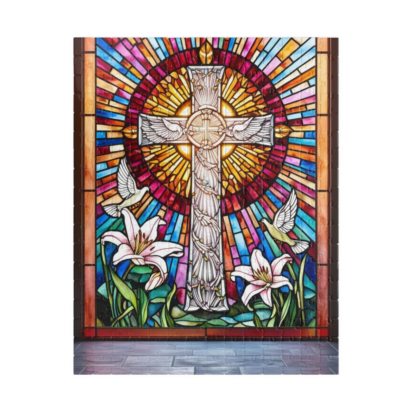 Stained Glass Cross Puzzle (110, 252, 520, 1014-piece), Faith-Based Religious Jigsaw Game, Colorful Puzzle for Christians and Puzzle Lovers