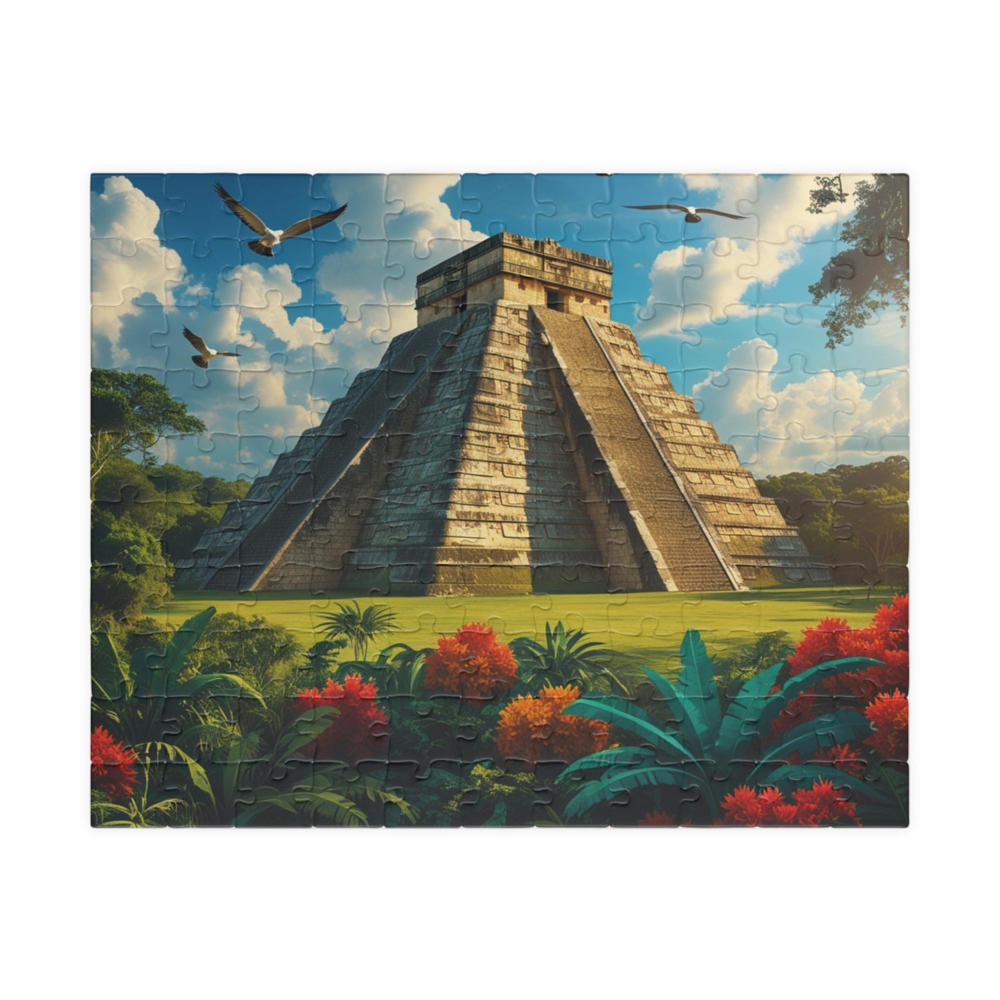 Chichen Itza Pyramid Jigsaw Puzzle with Tropical Jungle Scene, Historic Mayan Famous Landmark, Travel-Inspired Frameable Art Gift 110 pcs (Horizontal) Puzzle The Puzzle Chest