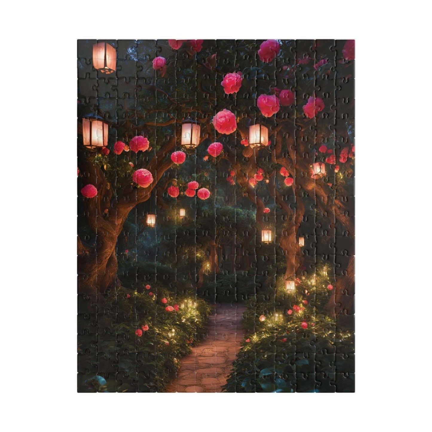 Camellia Flowers Nighttime Puzzle, Tranquil Lantern-Lit Floral Scene, Cozy and Relaxing Jigsaw Game for Adults, Ideal Nature Lover Gift 252 pcs (Vertical) Puzzle The Puzzle Chest
