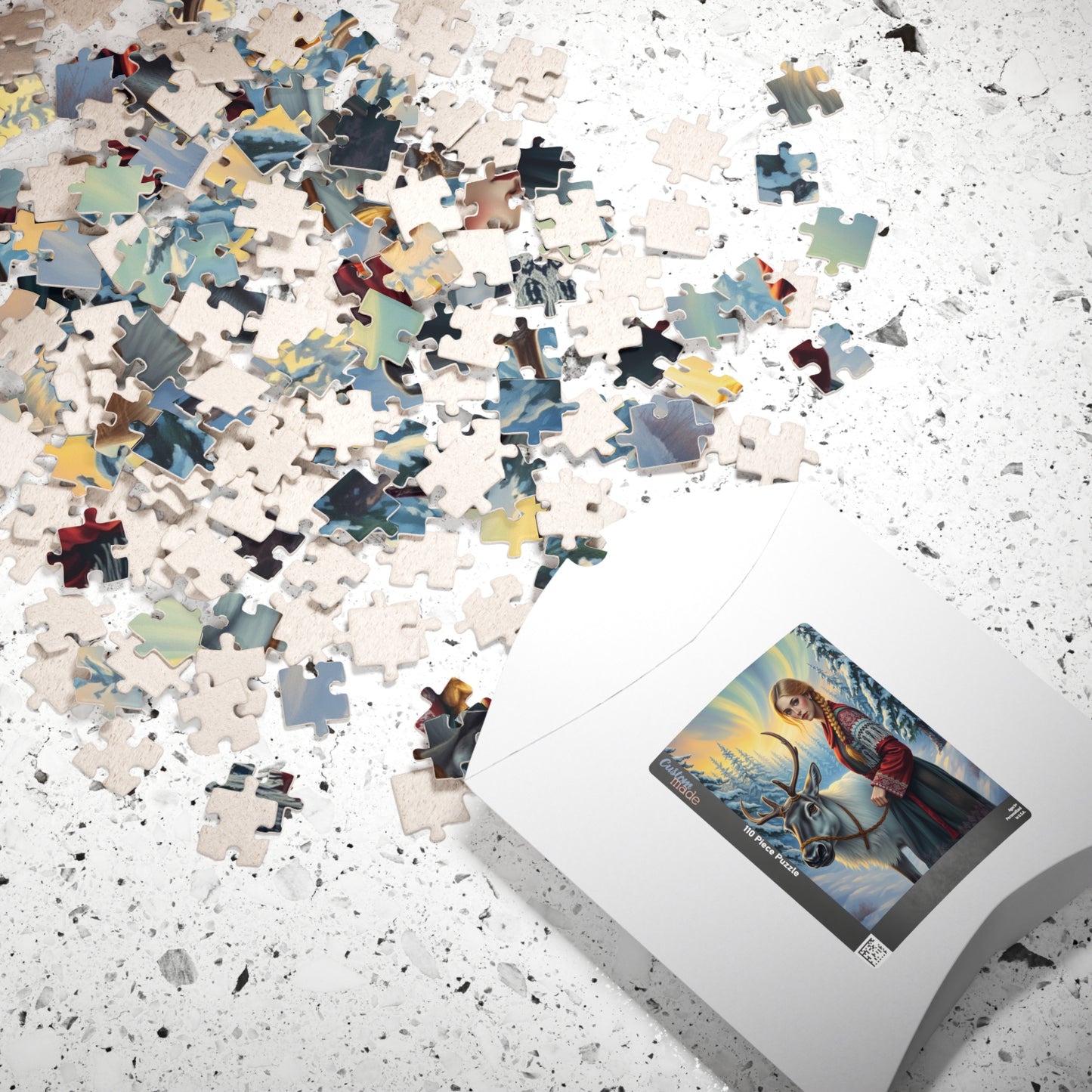 Nordic Cultural Winter Jigsaw Puzzle, Woman Guiding Reindeer Northern Lights, Sami Attire Snowy Forest, Best Unique Gift for Puzzle Lover Puzzle The Puzzle Chest
