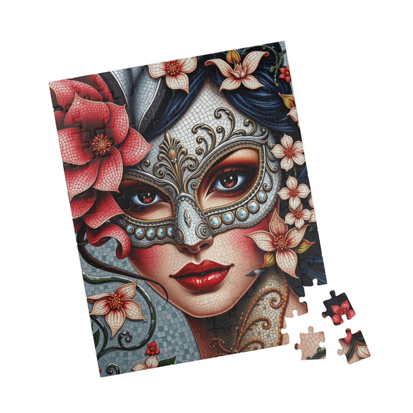 Mosaic Portrait Masked Woman Puzzle - Venetian Style Floral Mask, Stunning Art for Unique Gifts, Game Night, Family Fun Puzzle The Puzzle Chest