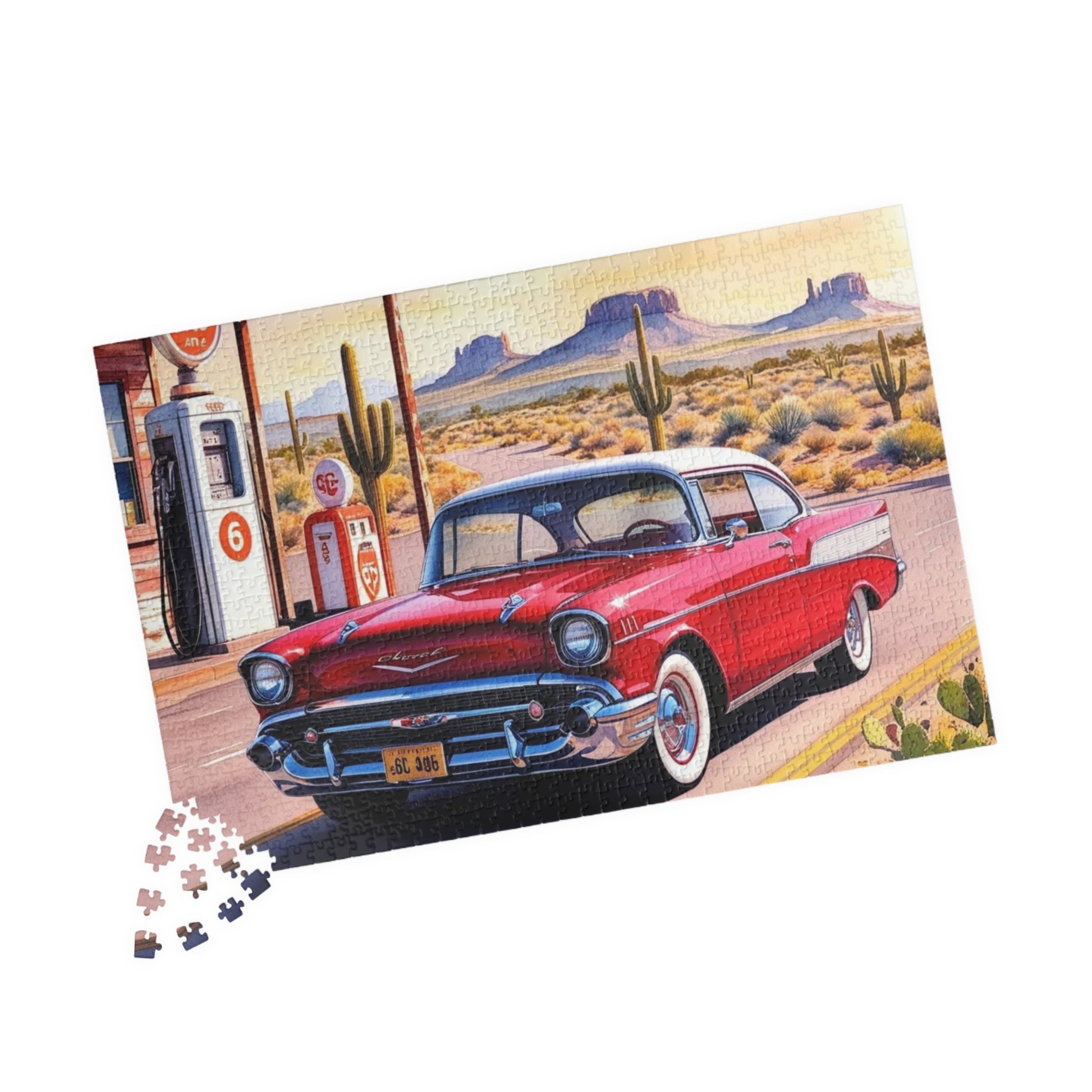 Vintage Vehicle Puzzle, 1957 Bel Air on Route 66 Retro Gas Station Desert Landscape Scenery Puzzle The Puzzle Chest