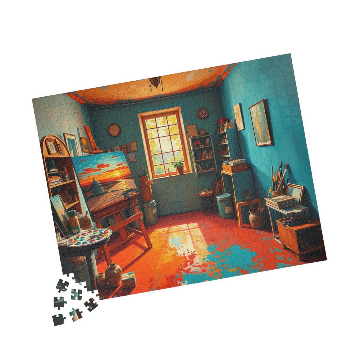 Vibrant Artist Studio Puzzle, Cozy Art Room Jigsaw Game, Creative Painting Scene with Easel and Art Supplies, Unique Gift for Puzzle Lover