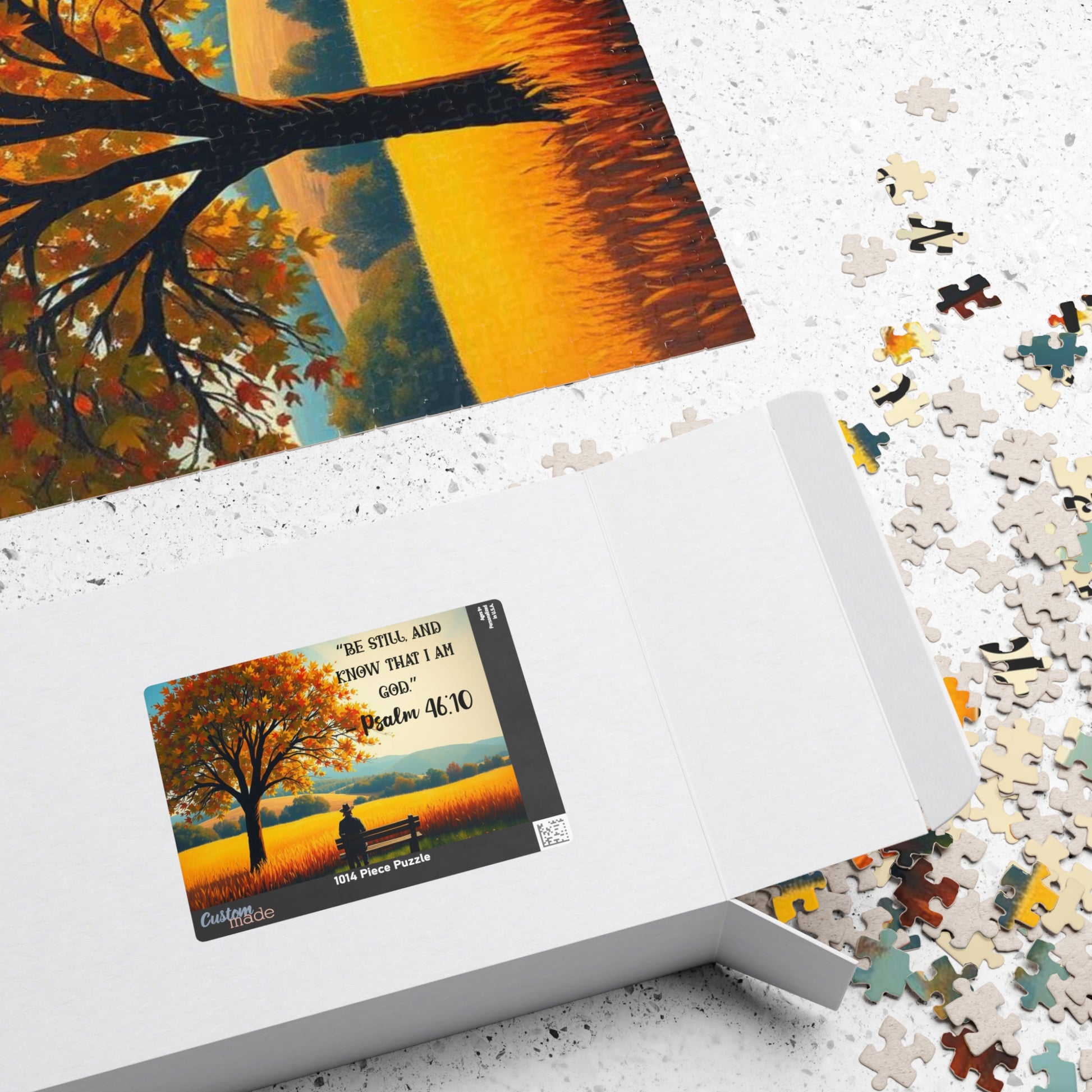 Faith and Stillness Jigsaw Puzzle – Serene Fall Landscape with Wheat Field and Bench, Bible Verse Psalm 46:10, Inspirational Gift for Friends Puzzle The Puzzle Chest
