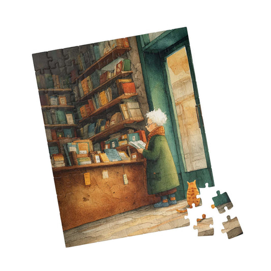 Golden Hour at the Book Nook - Cozy Bookstore Jigsaw Puzzle, Vintage Cartoon Illustration, Cat Lover, Holiday Birthday Gift for All Ages 110 pcs (Vertical) Puzzle The Puzzle Chest
