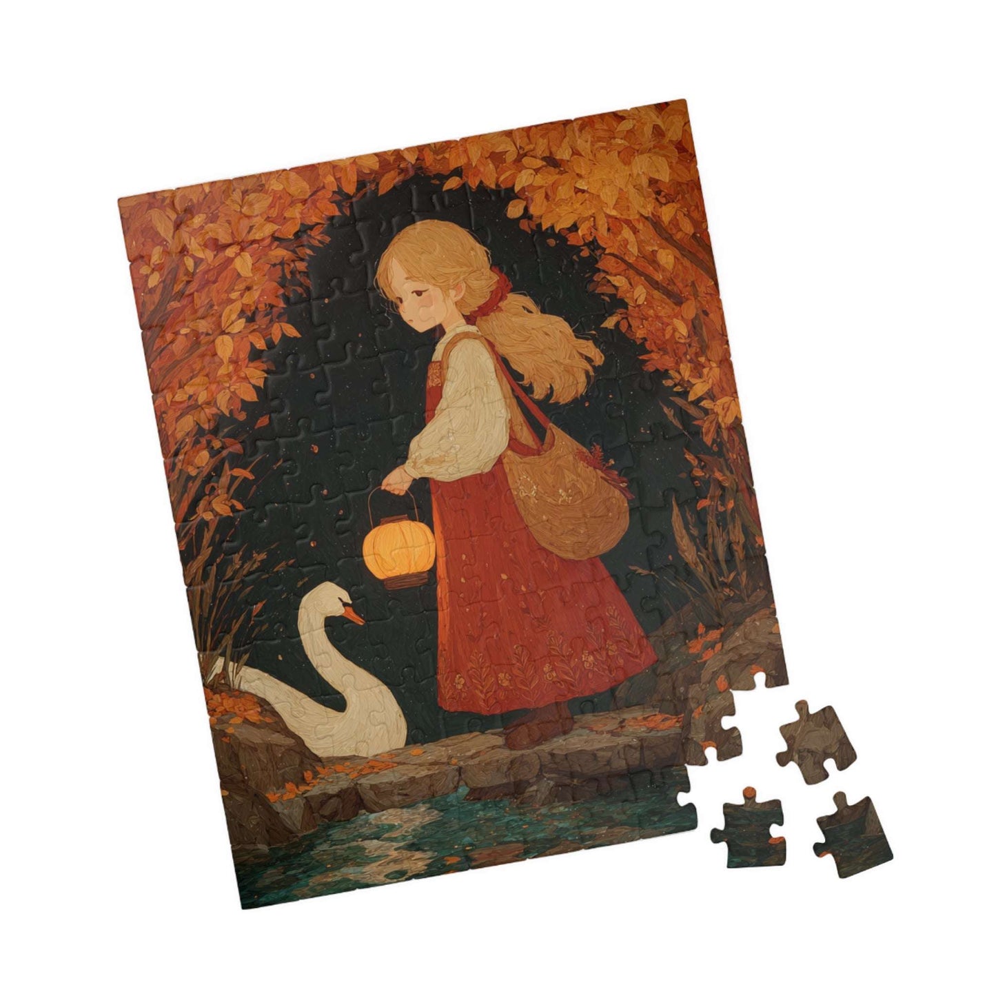 Storybook Autumn Pond Fairy-Tale Jigsaw Puzzle - Girl and Swan, Fall Themed Game for Home Activity, Holiday Gift, Quiet Hobby, Brain Teaser 110 pcs (Vertical) Puzzle The Puzzle Chest