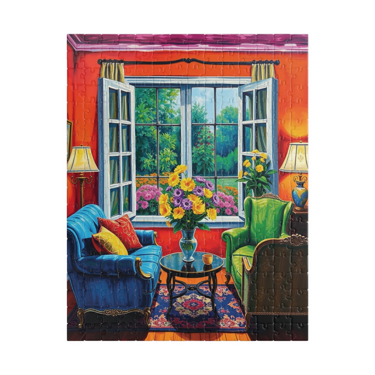 Jigsaw Puzzle, Vibrant Living Room Scene 110 252 520 1014-Piece, Red Orange Blue Green Yellow Purple Floral Wall Art Decor Game Toy, Gift 252 pcs (Vertical) Puzzle The Puzzle Chest