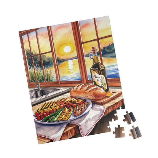 Foodie Kitchen Sunset Jigsaw Puzzle, Serene Lake View Dinner Table Scene, Frameable Culinary Art, Puzzle Enthusiast Gift for Friend 110 pcs (Vertical) Puzzle The Puzzle Chest
