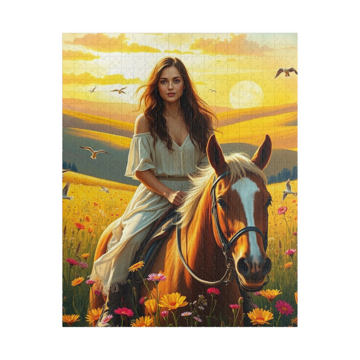 Woman on Horseback in Sunlit Wildflower Field Puzzle, Equestrian Horse Scene Jigsaw Game, Mindful Activity, Puzzle Animal and Art Lover Gift 520 pcs (Vertical) Puzzle The Puzzle Chest