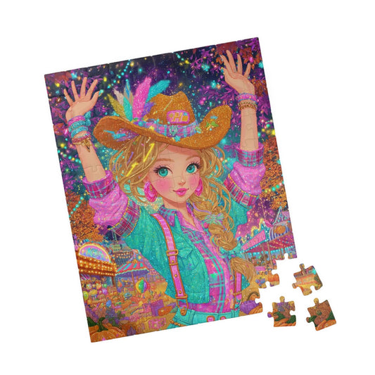 Confetti Skies & Cowgirl Vibes Jigsaw Puzzle, 1980s Neon Cowgirl Game for Family Gatherings, Solo Hobby, Gift for Puzzle Lover 110 pcs (Vertical) Puzzle The Puzzle Chest