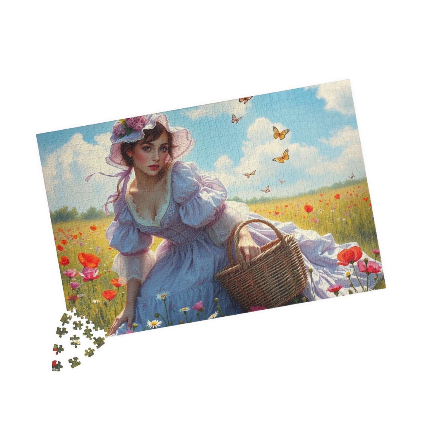 Victorian Elegance in Bloom - 19th-Century Woman in Wildflower Field Jigsaw Puzzle, Vintage-Inspired Scene 1014 pcs (Horizontal) Puzzle The Puzzle Chest