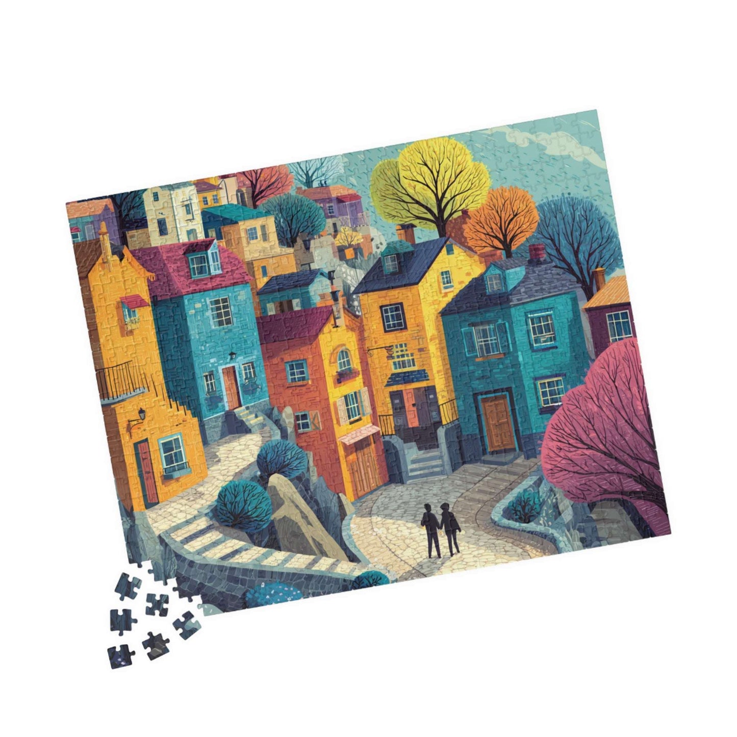 Bright Cheerful Town Jigsaw Puzzle – Artistic Houses, Winding Path, and Whimsical Neighborhood Landscape 520 pcs (Horizontal) Puzzle The Puzzle Chest