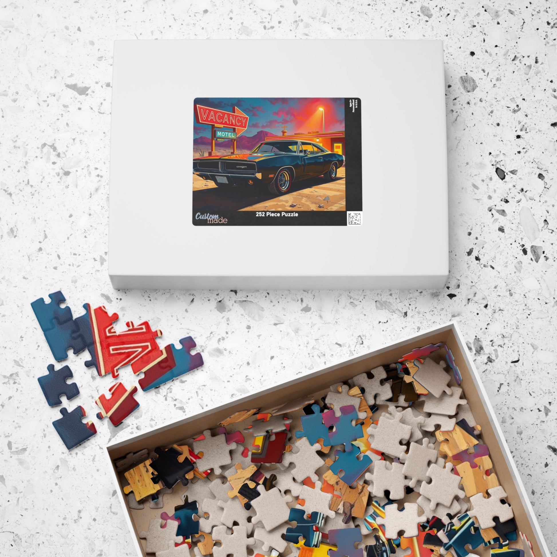 Vintage Muscle Car Puzzle, Black 1969 Charger, Classic Car Desert Motel Scene Jigsaw Game Puzzle The Puzzle Chest