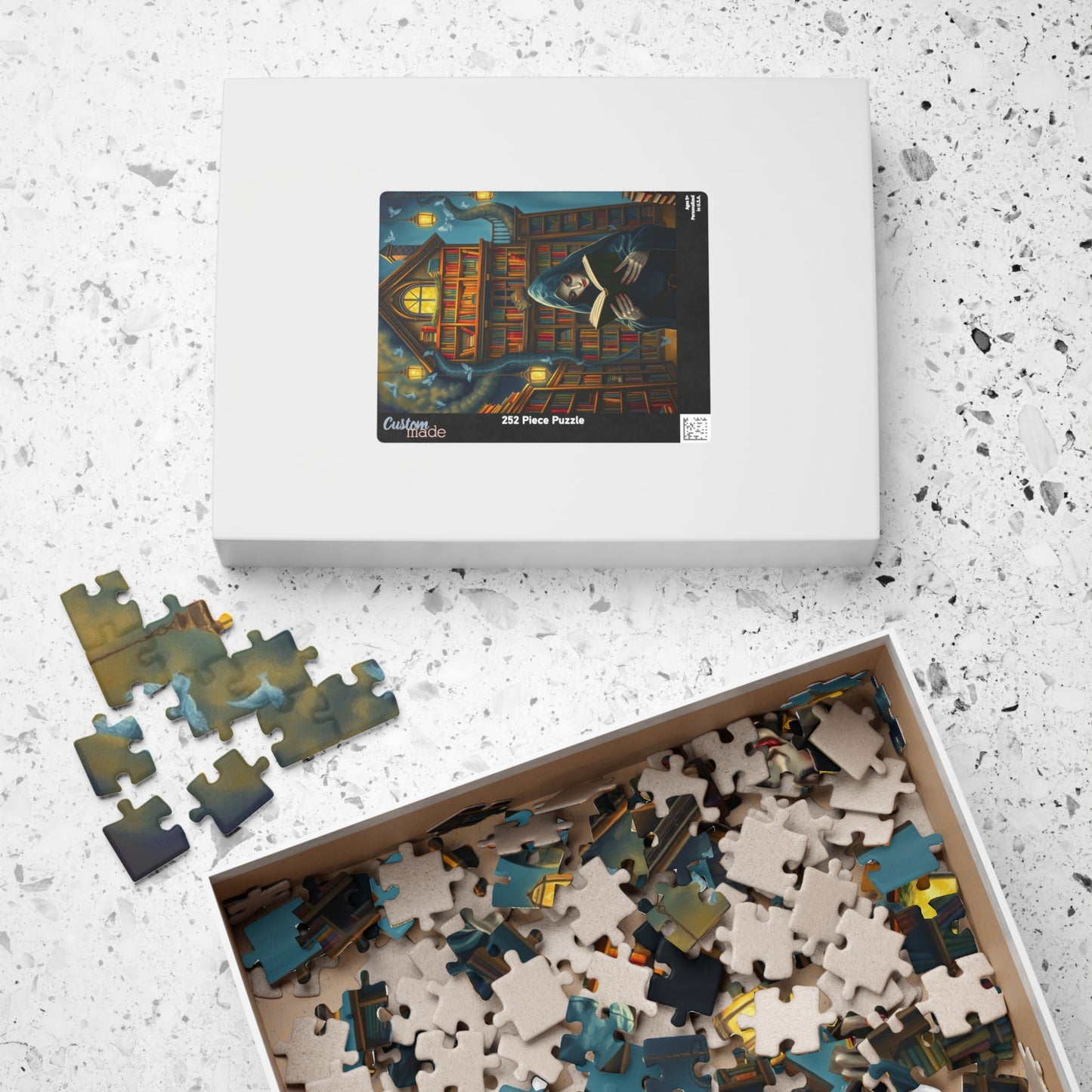 Gothic Bookstore Jigsaw Puzzle, Cloaked Figure Pale Skin Intense Eyes, Dark Fantasy Whimsical, Challenging Adult Tabletop Game, Giftable Puzzle The Puzzle Chest