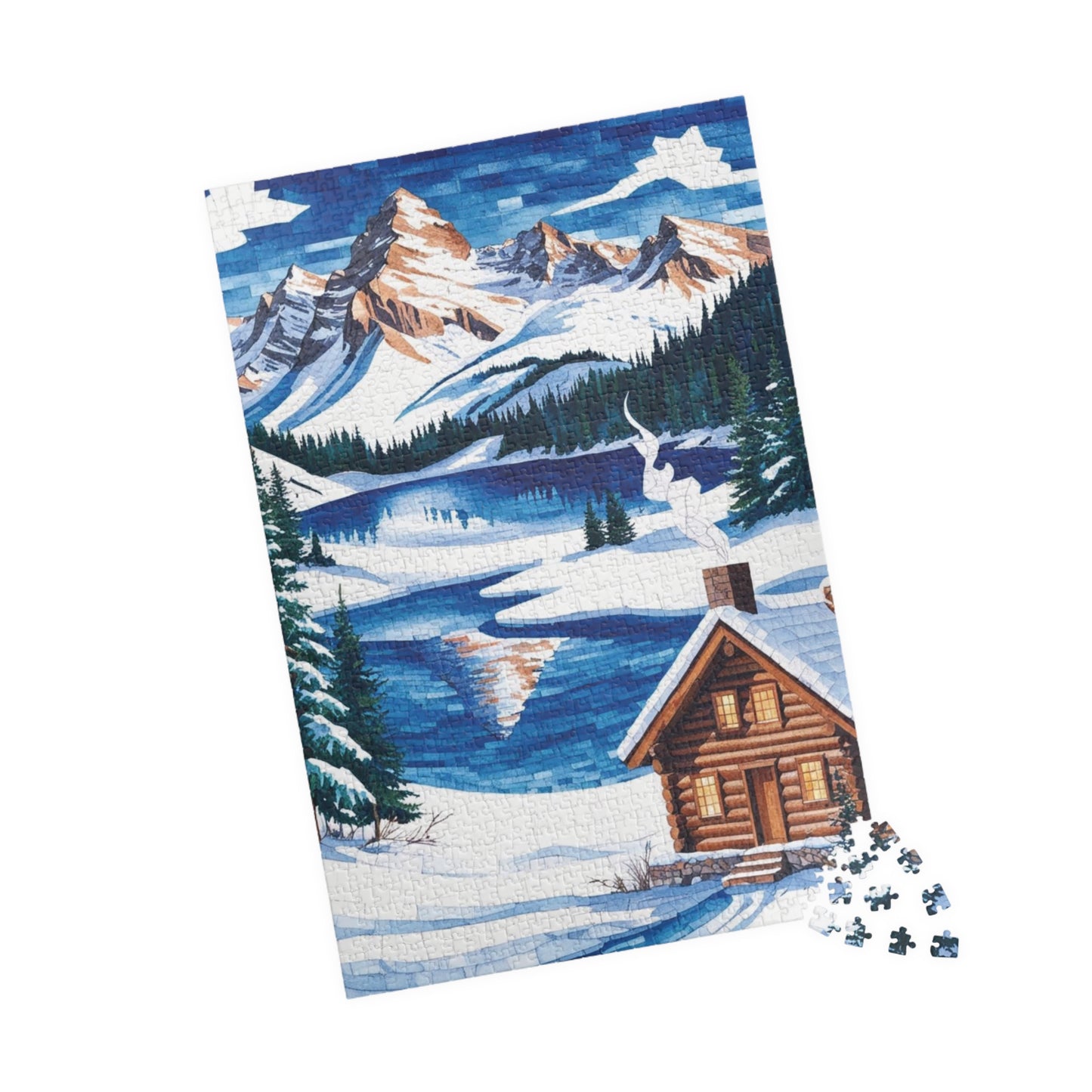 Mosaic Winter Mountain Scene Jigsaw Puzzle, Snowy Cabin Landscape, 520 Piece, Christmas Gift, Relaxation Activity, Wall Art Decor Puzzle The Puzzle Chest