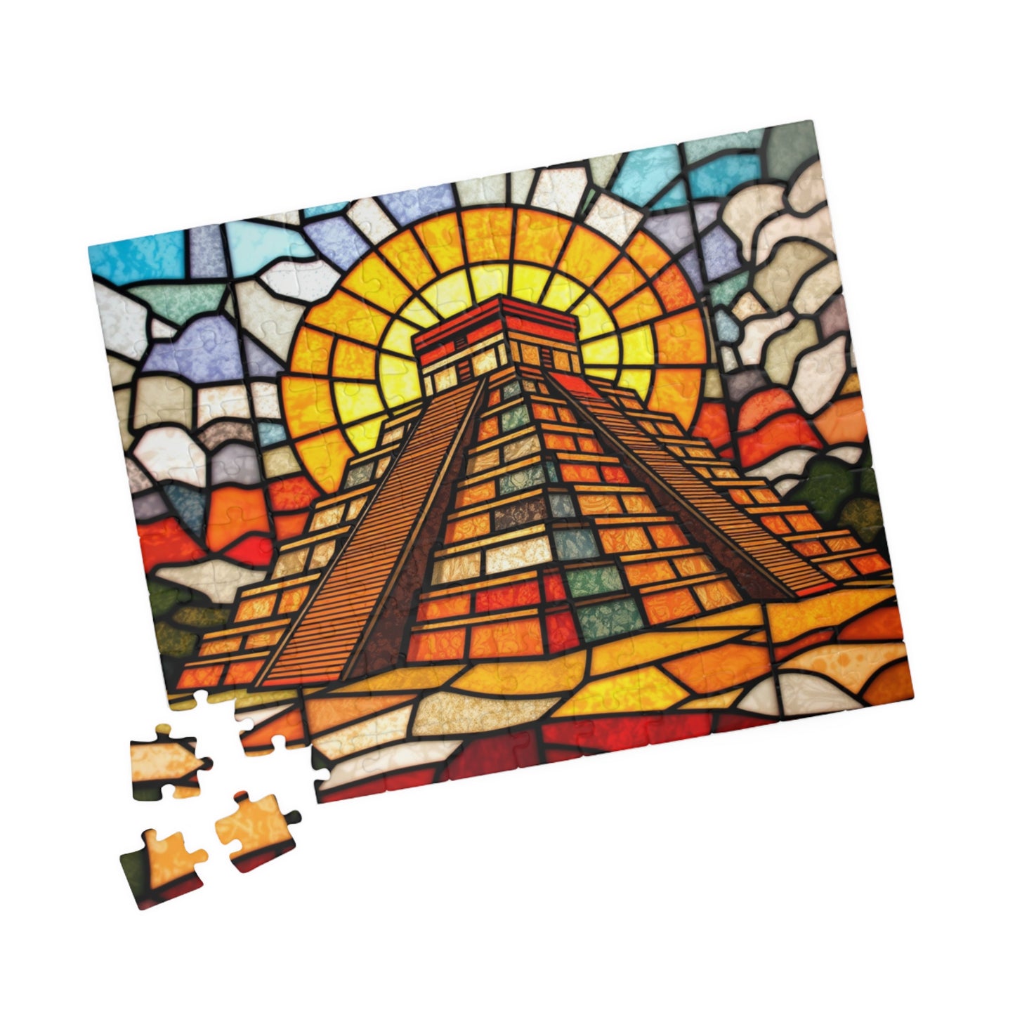 Chichen Itza Pyramid Jigsaw Puzzle, Stained Glass Inspired Historic Mayan Famous Landmark, Frameable Art Travel Enthusiast Gift Puzzle The Puzzle Chest