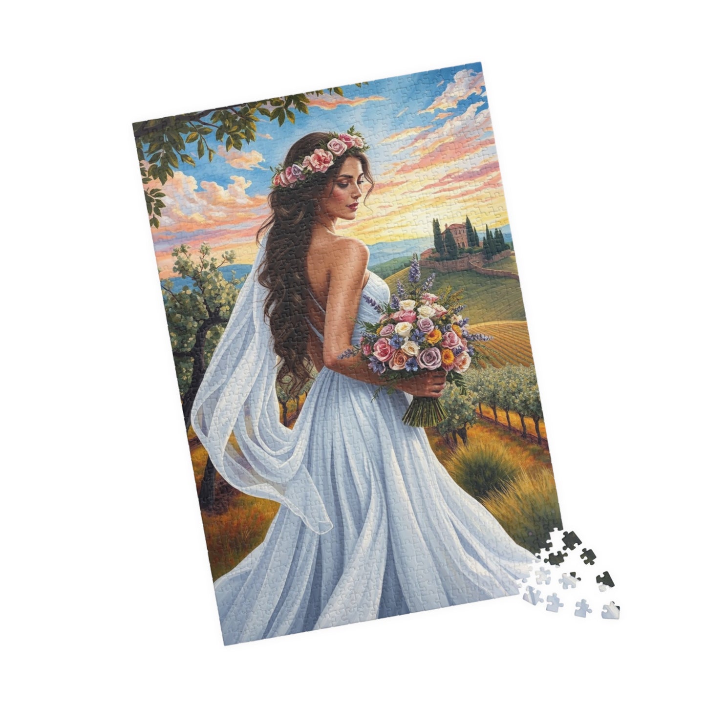 Elegant Italian Bride Jigsaw Puzzle, White Gown Floral Crown Wildflower Bouquet, Tuscan Vineyard Romantic Wedding, Puzzle Enthusiast Gift Puzzle The Puzzle Chest
