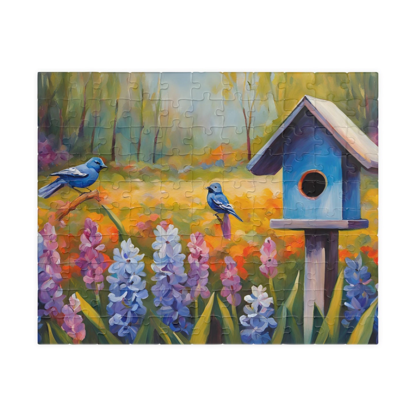 Jigsaw Puzzle, Charming Wooden Birdhouse Surrounded by Blooming Hyacinths and Birds, Mindfulness Activity, Indoor Entertainment, Family 110 pcs (Horizontal) Puzzle The Puzzle Chest