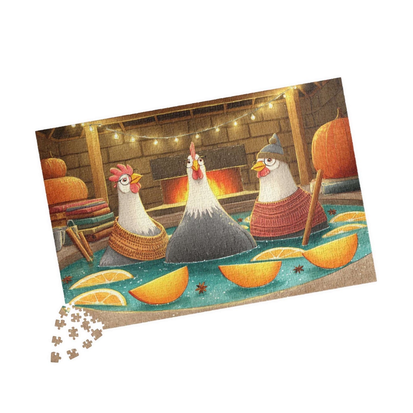 Pumpkin Spice Chicken Puzzle – Cozy Autumn Chickens in Spa Bath with Pumpkins & Cinnamon, Whimsical Fairy-Tale Jigsaw 1014 pcs (Horizontal) Puzzle The Puzzle Chest
