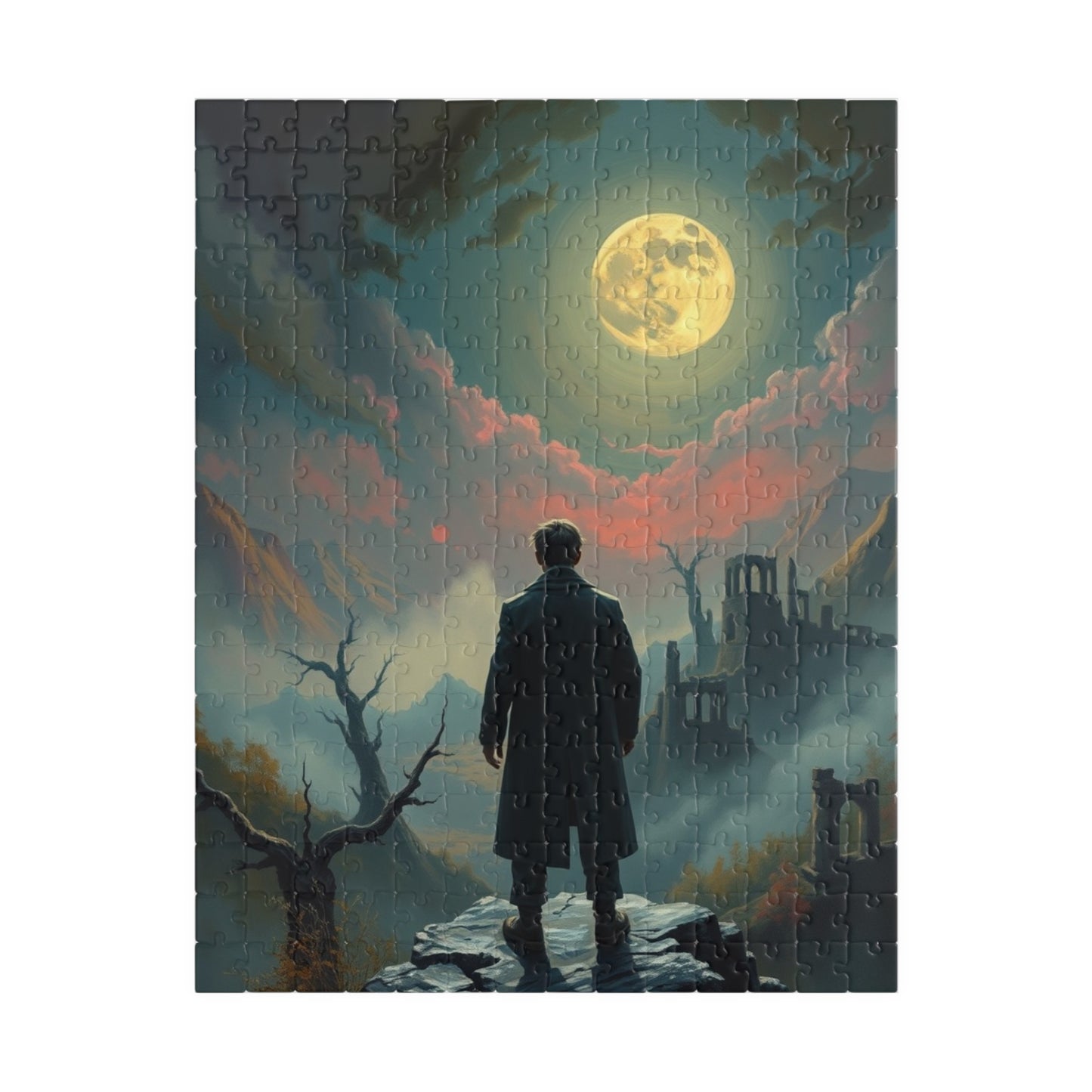 Mystical Moonlight Puzzle, Lone Traveler Overlooking Valley of Ruins, Gothic Art Jigsaw Game, Puzzle Lover Gift, Family Activity Solo Fun 252 pcs (Vertical) Puzzle The Puzzle Chest