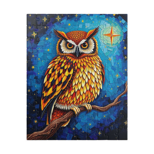 Mosaic Wise Owl Jigsaw Puzzle, Hooter Night Bird Perched on Tree Branch, Starry Sky Background, 110-1014 Piece, Animal Lover Gift, Mindful 110 pcs (Vertical) Puzzle The Puzzle Chest