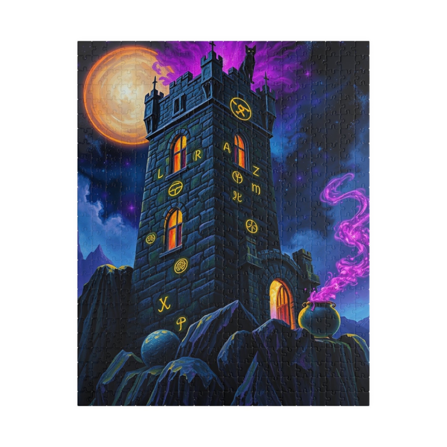 Ethereal Gothic Tower Puzzle, Electric Runes Black Cat Mystical Cauldron and Purple Mist, Magical Symbol Jigsaw Game, Fantasy Art Lover Gift 520 pcs (Vertical) Puzzle The Puzzle Chest