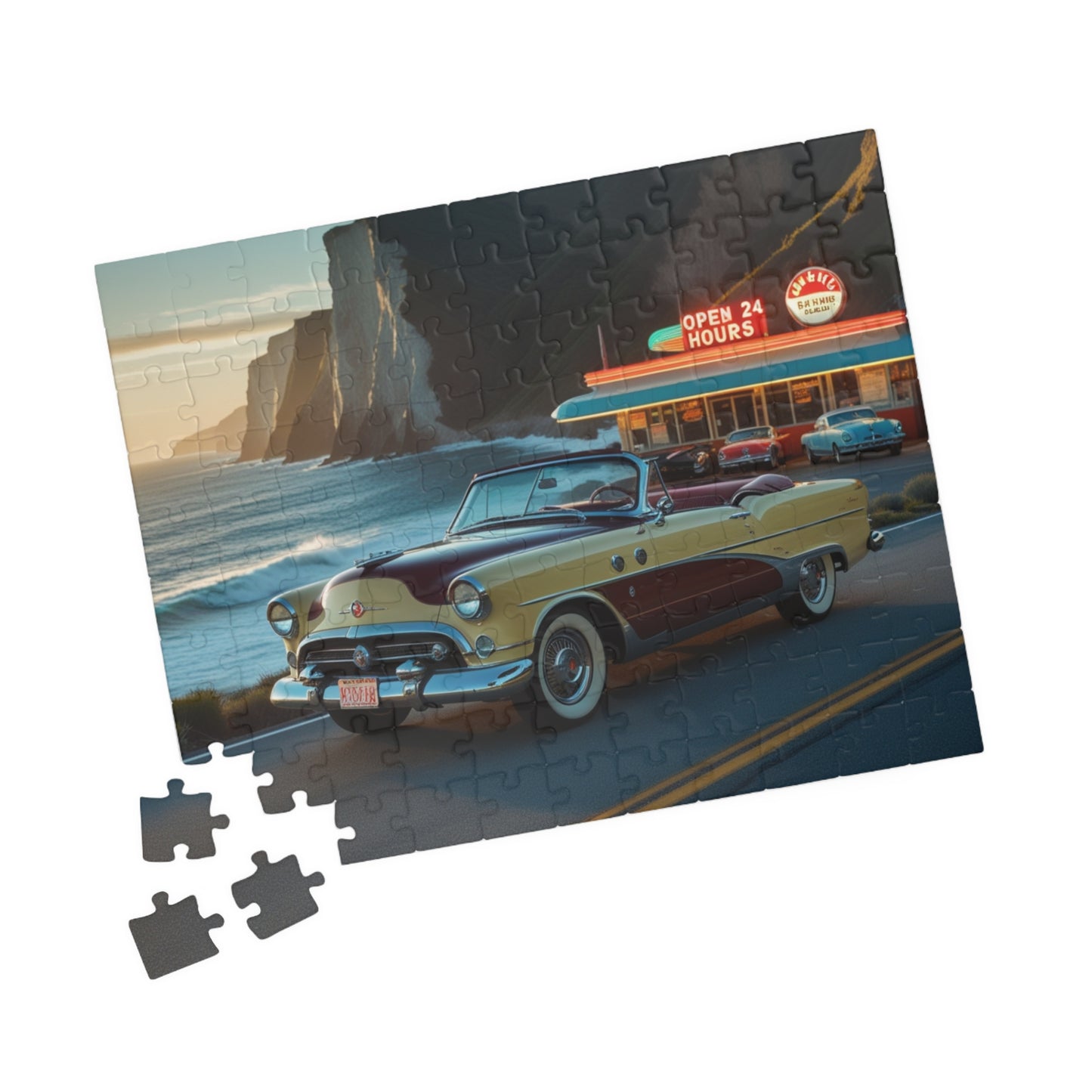 Retro Car Puzzle - Classic 1954 98 Starfire Convertible, Vintage Coastal Scene, Family Game Night, Best Gift for Retro Car Lover Puzzle The Puzzle Chest