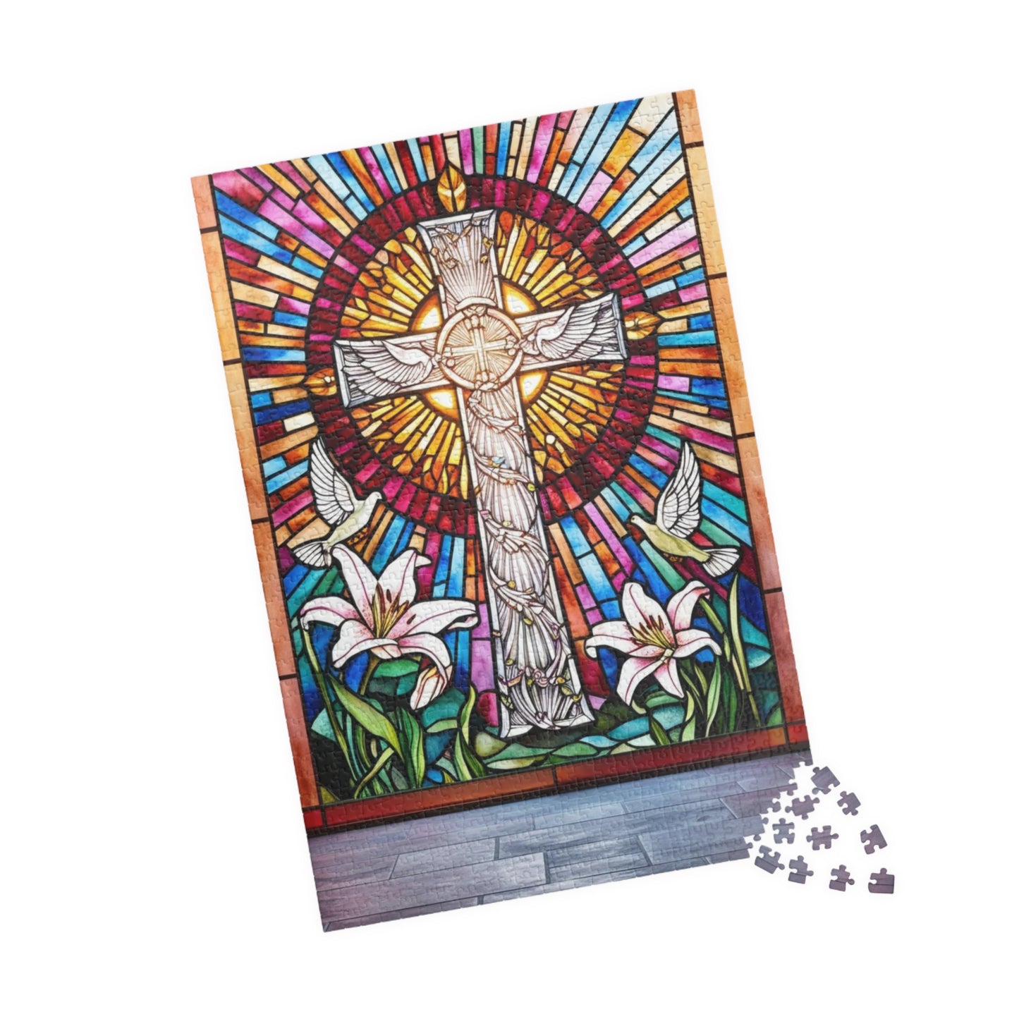 Stained Glass Cross Puzzle (110, 252, 520, 1014-piece), Faith-Based Religious Jigsaw Game, Colorful Puzzle for Christians and Puzzle Lovers