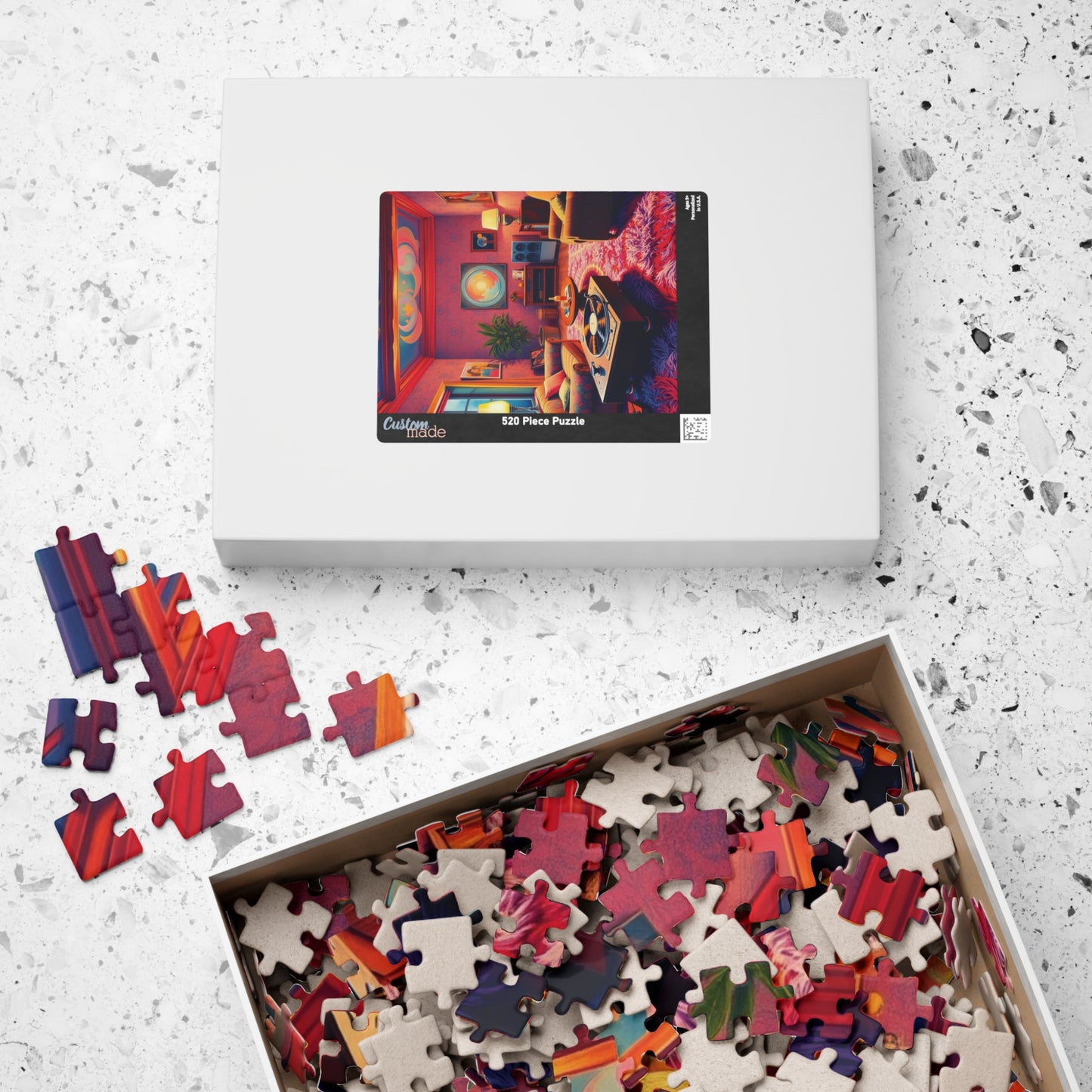 1970s Throwback Living Room Jigsaw Puzzle, Nostalgic Design: Turntable Lava Lamp Shag Rug Groovy Wallpaper, Quiet Pastime, Puzzle Lover Gift