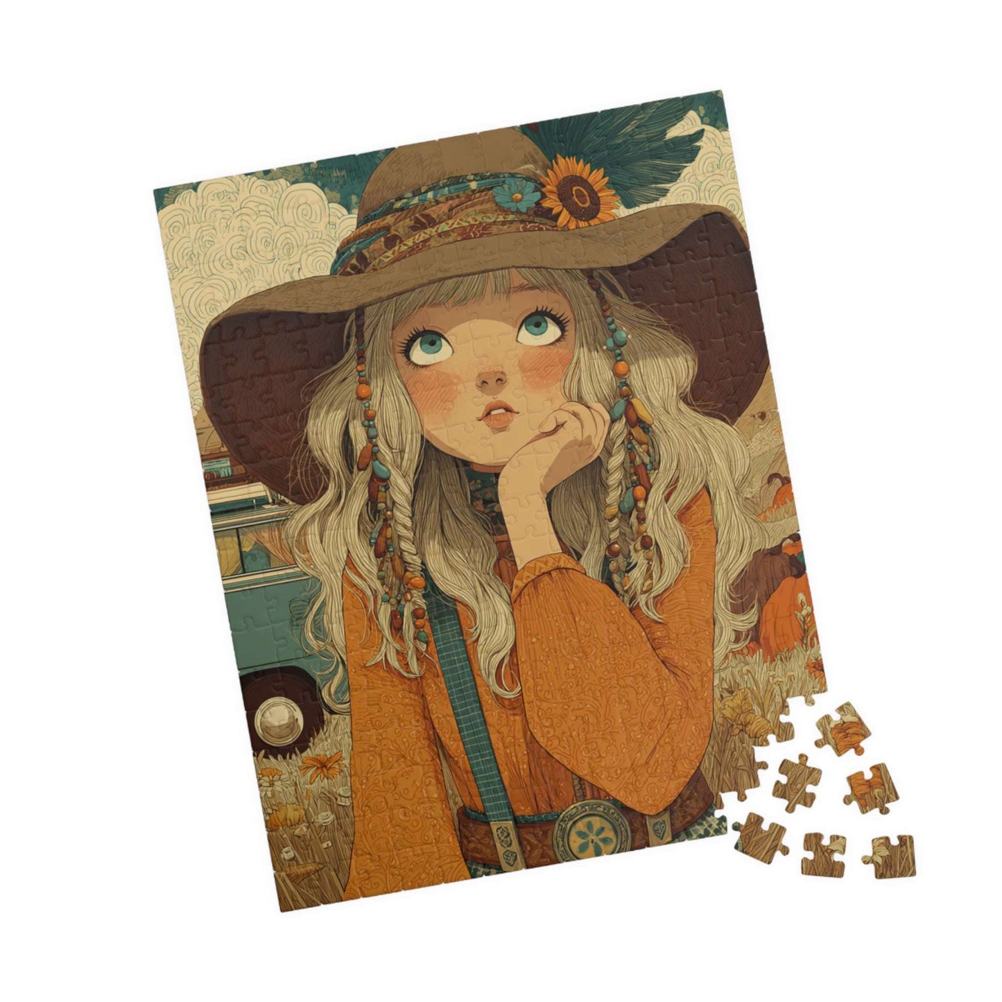 1970s Autumn Cowgirl Jigsaw Puzzle - Boho Meadow, Cartoon-Style Illustration Perfect Gift for Family, Friends, Creative Fun, Home Decor 252 pcs (Vertical) Puzzle The Puzzle Chest