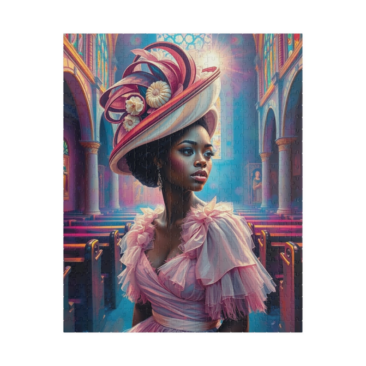 Black Woman in Church Puzzle, African American Lady in Pastel Dress Spiritual Jigsaw Game, Cultural Ethnic Art, Unique Gift for Puzzle Lover 520 pcs (Vertical) Puzzle The Puzzle Chest