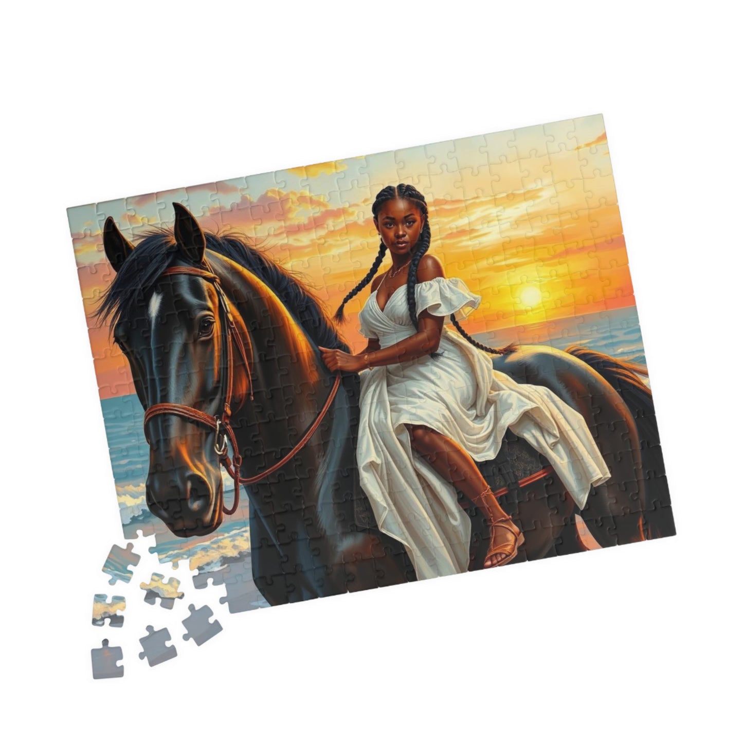 Sunset Horse Jigsaw Puzzle - Black Woman African American Art, Equestrian Gift for Animal Lover Friend, Family Activity, Home Entertainment Puzzle The Puzzle Chest