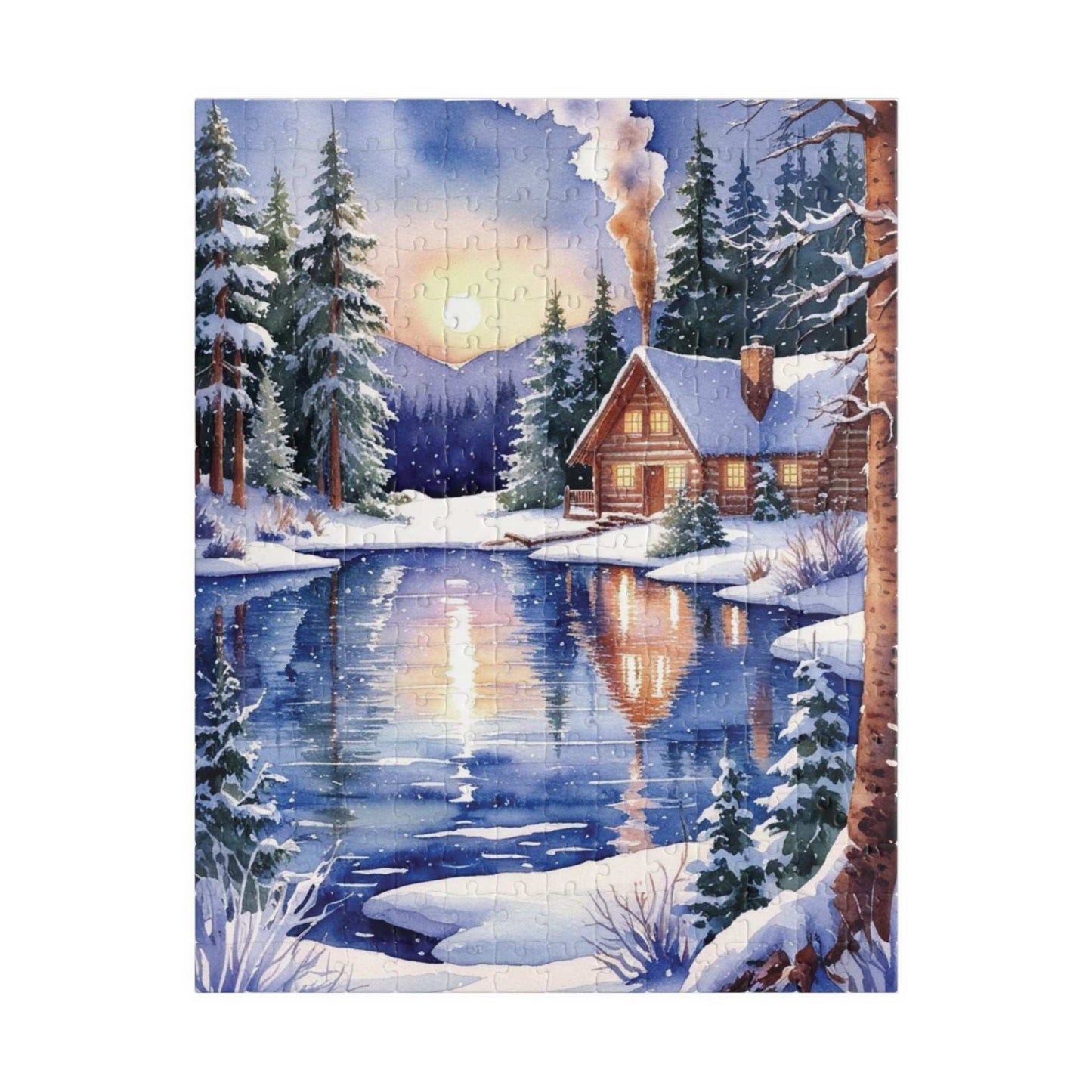 Winter Snowy Landscape Jigsaw Puzzle, Cozy Log Cabin, 110-1014 Piece Puzzle, Watercolor Style, Christmas Gift, Relaxing Activity, Giftable 252 pcs (Vertical) Puzzle The Puzzle Chest