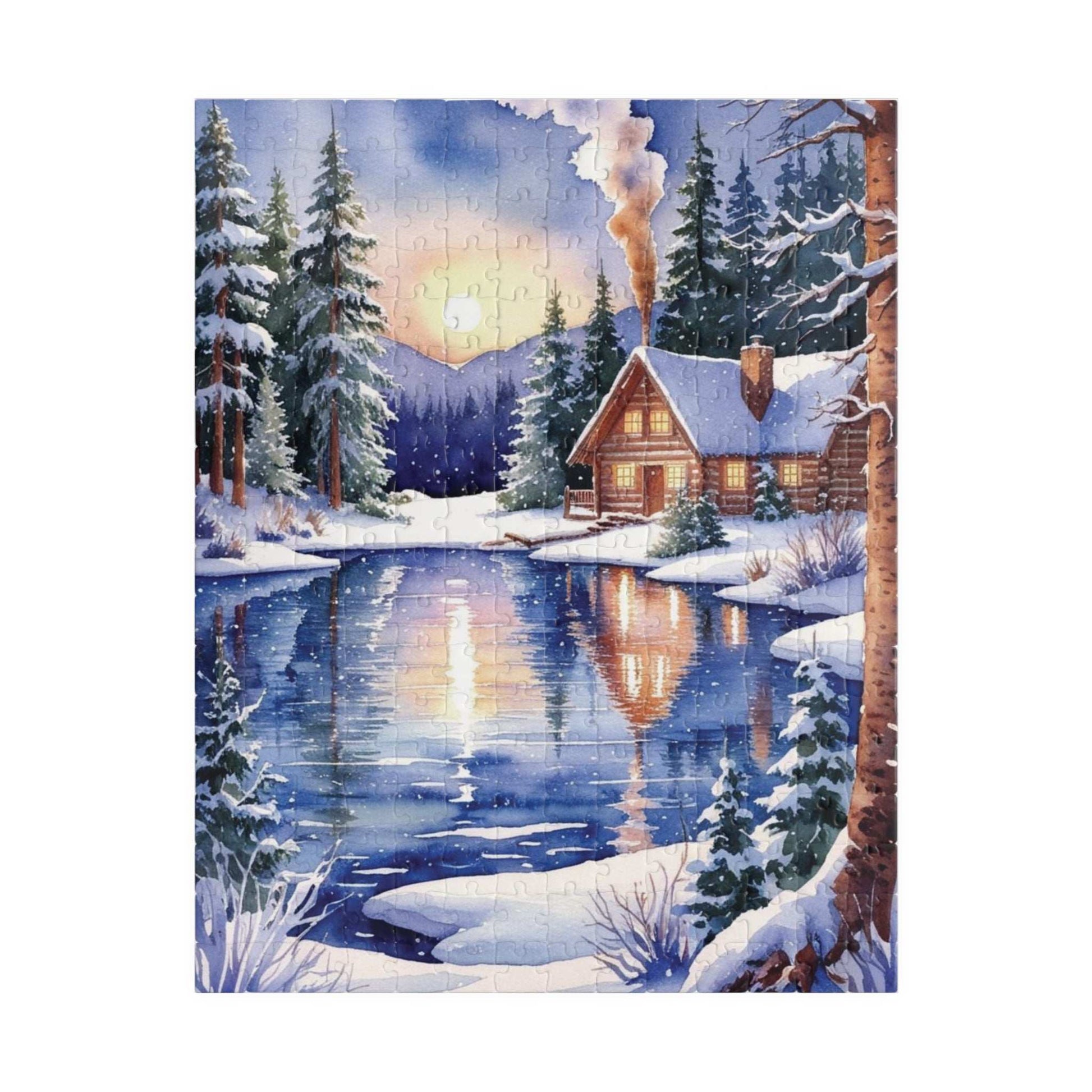 Winter Snowy Landscape Jigsaw Puzzle, Cozy Log Cabin, 110-1014 Piece Puzzle, Watercolor Style, Christmas Gift, Relaxing Activity, Giftable 252 pcs (Vertical) Puzzle The Puzzle Chest