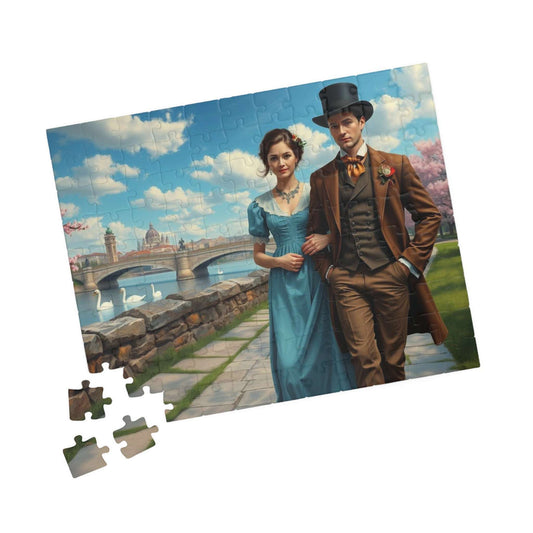 Romantic Stroll by the River - 19th Century Victorian Couple Jigsaw Puzzle with Blossoms, Bridge, and Swans 110 pcs (Horizontal) Puzzle The Puzzle Chest