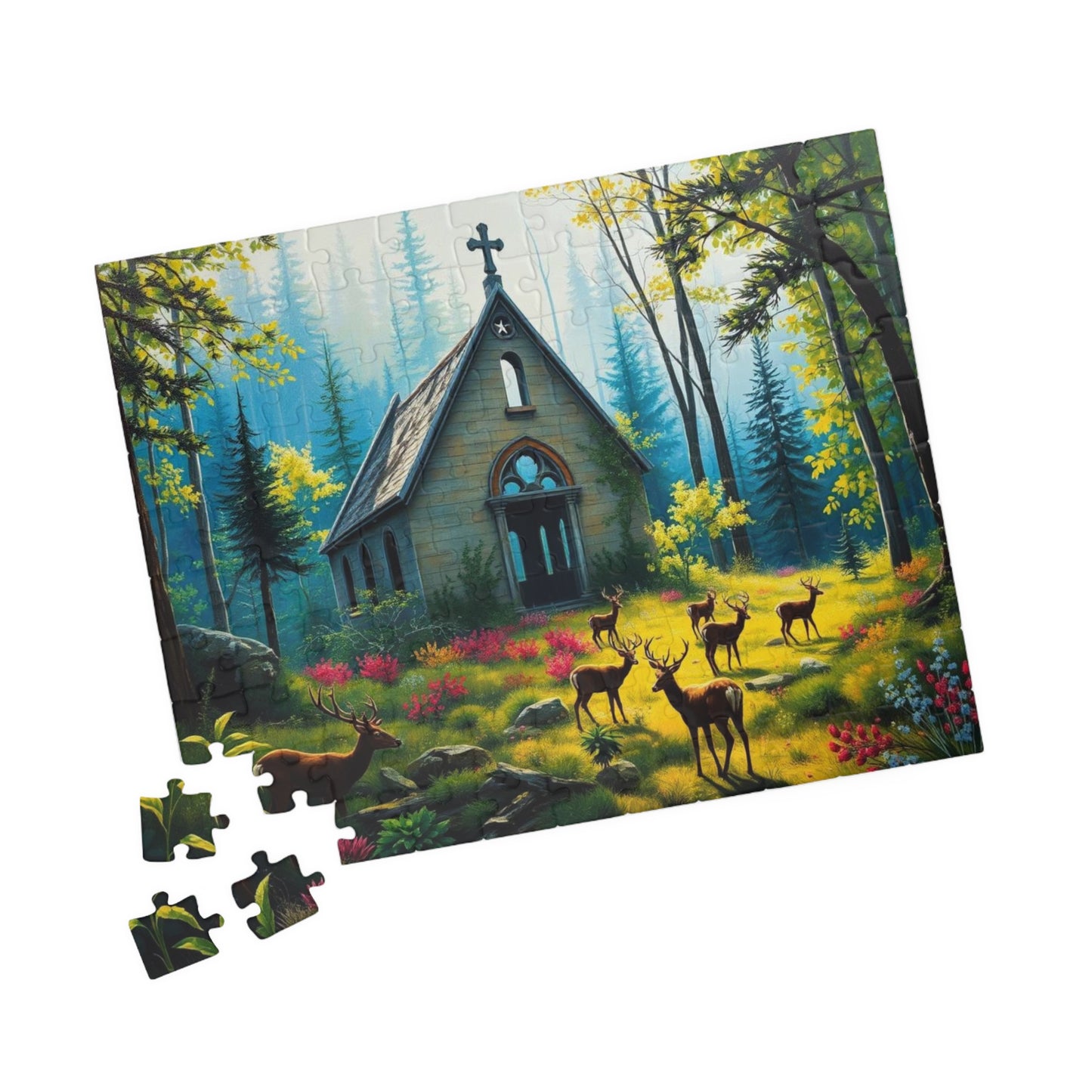 Sancturary Reclaimed Jigsaw Puzzle - Collapsed Chapel in Forest, Deer Puzzle, Gothic Puzzle, Serene Nature Puzzle, Wildlife Art Print Puzzle The Puzzle Chest