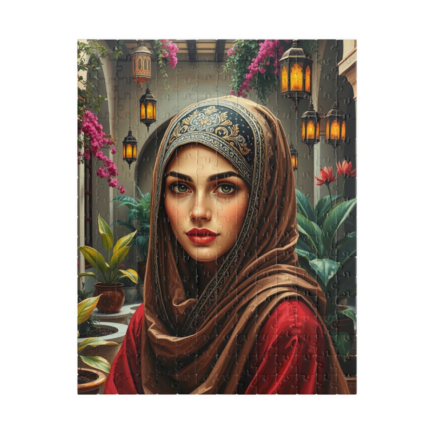 Middle Eastern Cultural Art Jigsaw Puzzle, Woman in Hijab Courtyard Scene, Hanging Lanterns Vibrant Plants, Puzzle Enthusiast Art Lover Gift 252 pcs (Vertical) Puzzle The Puzzle Chest